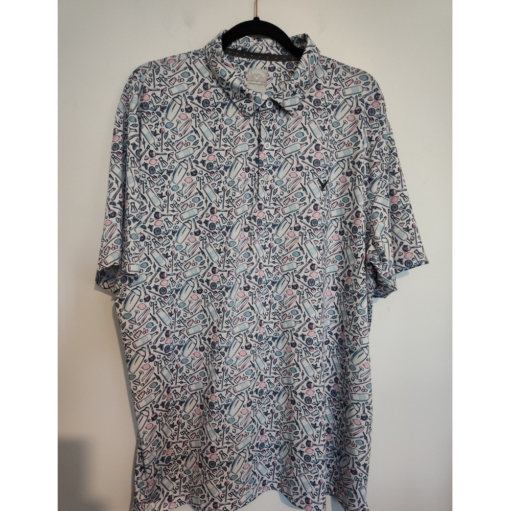 Callaway Mens XL Opti-Dri Golf Polo Shirt Cocktail Barware Print White Blue Pink